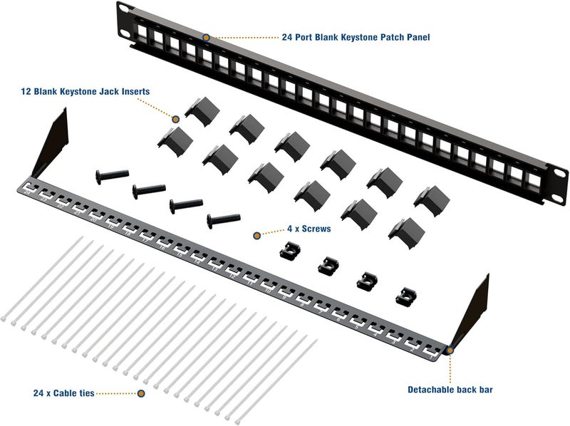 iwillink 24 Port Blank Keystone Patch Panel with Blank Keystone Jack Inserts 1U 19'' Metal Rackmount or Wallmount Housing for Keystone Jacks Keystone Panel - Image 2